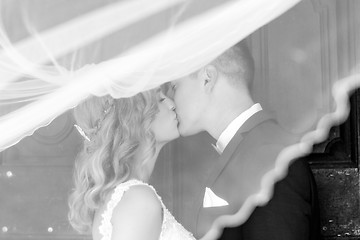 Image showing Bride and groom kisses tenderly in the shadow of a flying veil. Artistic black and white wedding photo.