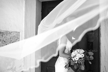Image showing The kiss. Bride and groom kisses tenderly in the shadow of a flying veil. Artistic black and white wedding photo.