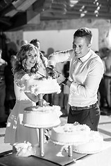 Image showing Happy bride and groom cut the wedding cake.