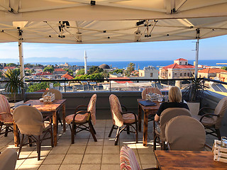 Image showing Panoramic view of old town Rhodes from summer  restaurant terrac