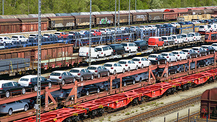 Image showing lots of new cars loaded on railway autorack wagons ready for shi