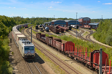 Image showing Motive power locomotive depot with moving rolling stock