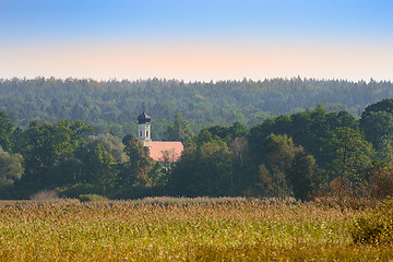 Image showing Upper Bavarian autumn landscape with small church in morning mis