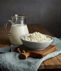 Image showing milk jug and bowl of cottage cheese