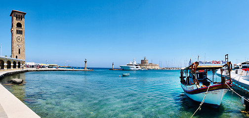 Image showing Panoramic view of entrance to the Mandraki harbor, Rhodes, Greec