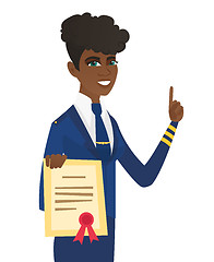 Image showing Young african stewardess holding a certificate.