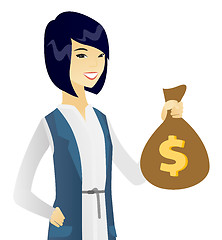 Image showing Young asian business woman holding a money bag.