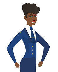 Image showing Young african-american angry stewardess screaming.