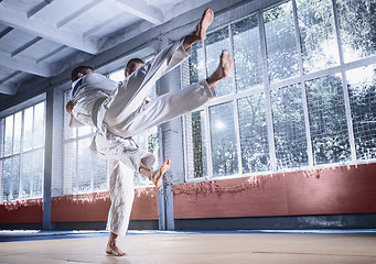 Image showing Two judo fighters showing technical skill while practicing martial arts in a fight club