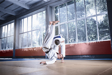 Image showing Two judo fighters showing technical skill while practicing martial arts in a fight club