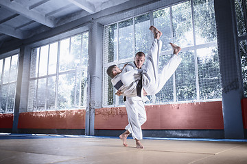 Image showing Two judo fighters showing technical skill while practicing martial arts in a fight club