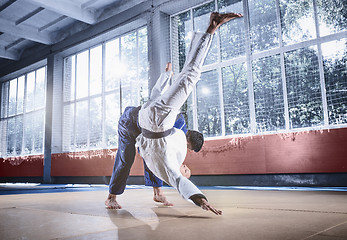 Image showing Two judo fighters showing technical skill while practicing martial arts in a fight club