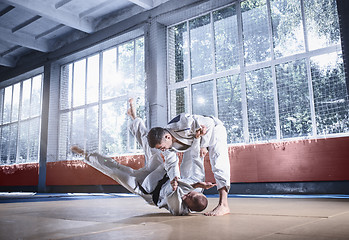 Image showing Two judo fighters showing technical skill while practicing martial arts in a fight club