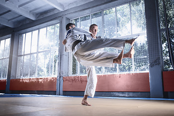 Image showing Two judo fighters showing technical skill while practicing martial arts in a fight club