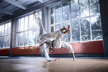 Image showing Two judo fighters showing technical skill while practicing martial arts in a fight club