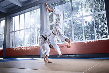 Image showing Two judo fighters showing technical skill while practicing martial arts in a fight club