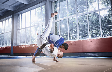 Image showing Two judo fighters showing technical skill while practicing martial arts in a fight club