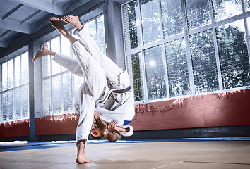 Image showing Two judo fighters showing technical skill while practicing martial arts in a fight club