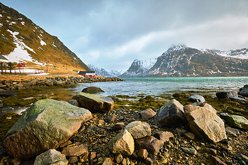 Image showing Red rorbu house and fjord in Norway