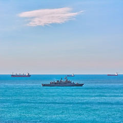 Image showing Military Frigate in the Sea