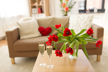 Image showing champagne glasses and flowers on valentines day