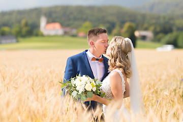 Image showing Bride and groom kissing and hugging tenderly in wheat field somewhere in Slovenian countryside.