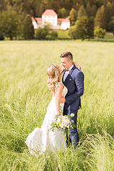 Image showing Newlyweds hugging tenderly in meadow in front of Strmol castle in Slovenian countryside.