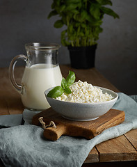 Image showing milk jug and bowl of cottage cheese