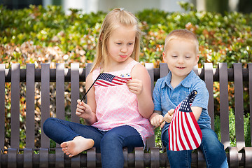 Image showing Young Sister and Brother Comparing Each Others American Flag Siz