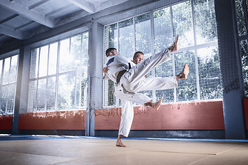 Image showing Two judo fighters showing technical skill while practicing martial arts in a fight club