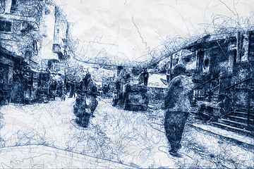 Image showing people walking in the streets of Cairo ballpoint pen doodle