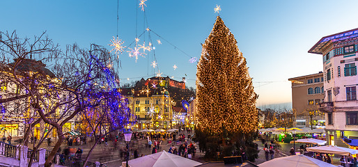 Image showing Romantic Ljubljana\'s city center decorated for Christmas holidays. Preseren\'s square, Ljubljana, Slovenia, Europe