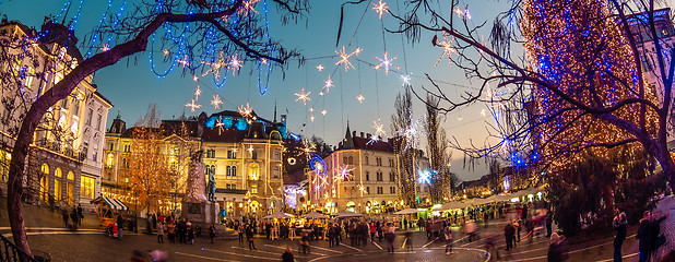 Image showing Romantic Ljubljana\'s city center decorated for Christmas holidays. Preseren\'s square, Ljubljana, Slovenia, Europe