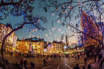 Image showing Romantic Ljubljana\'s city center decorated for Christmas holidays. Preseren\'s square, Ljubljana, Slovenia, Europe