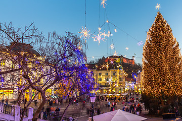 Image showing Romantic Ljubljana\'s city center decorated for Christmas holidays. Preseren\'s square, Ljubljana, Slovenia, Europe