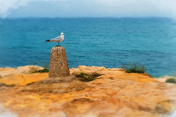 Image showing Digital painting of Seagull on Perch