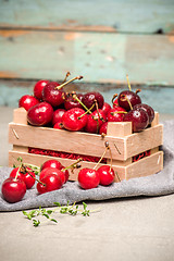 Image showing Red ripe cherries in small wooden box