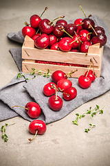Image showing Red ripe cherries in small wooden box