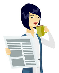 Image showing Asian woman drinking coffee and reading newspaper.