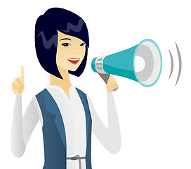 Image showing Asian business woman speaking into loudspeaker.