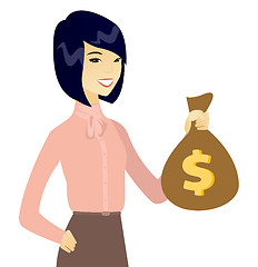 Image showing Young asian business woman holding a money bag.