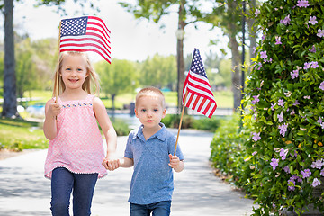 Image showing Young Sister and Brother Waving American Flags At The Park