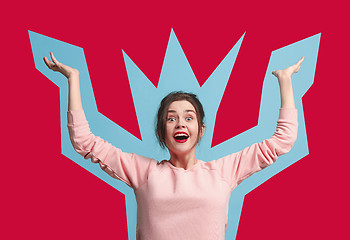 Image showing Winning success woman happy ecstatic celebrating being a winner. Dynamic energetic image of female model