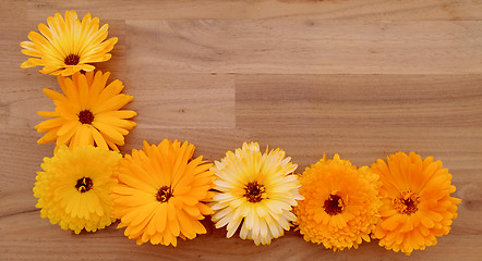 Image showing Half border of yellow and orange calendulas on wood