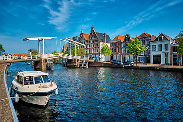 Image showing Spaarne river with boat and Gravestenenbrug bridge in Haarlem, N