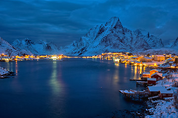 Image showing Reine village at night. Lofoten islands, Norway