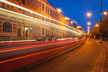 Image showing Blurred light trails of Prague tram. Prague, Czech republic