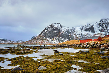 Image showing Red rorbu house and fjord in Norway