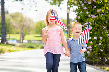 Image showing Young Sister and Brother Waving American Flags At The Park