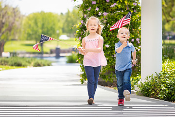 Image showing Young Sister and Brother Waving American Flags At The Park